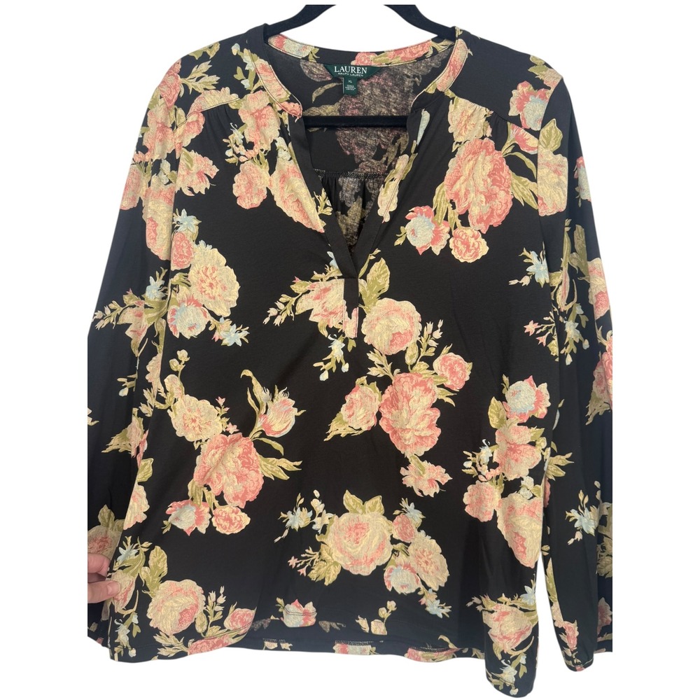 Lauren Ralph Lauren Womens Floral Cotton Henley Long Sleeve Blouse Top Size XL - Picture 7 of 11